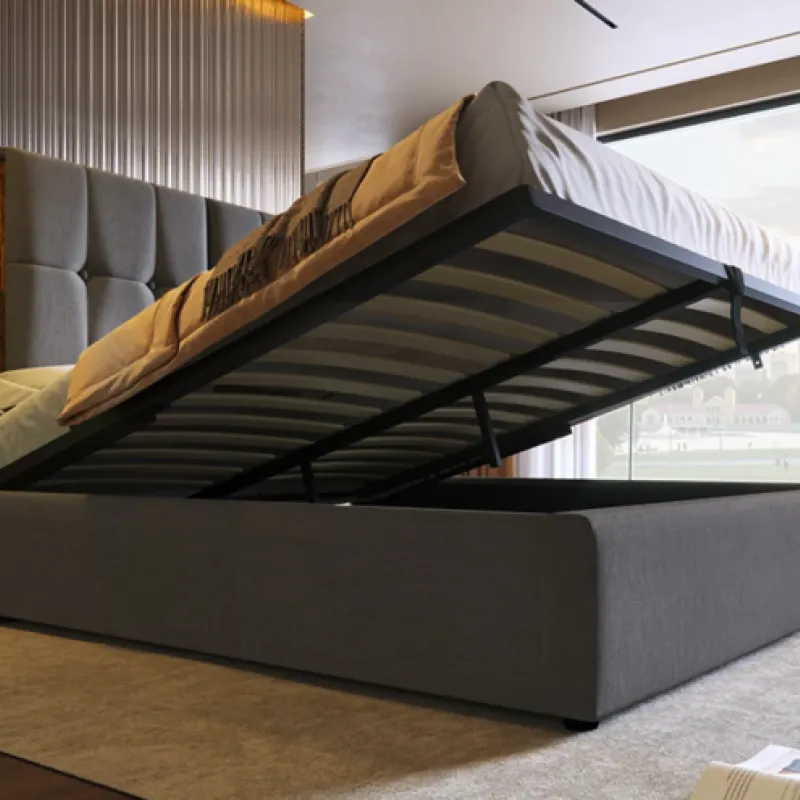 King Size Grey Linen Ottoman Storage Bed with Wireless Charging and Headboard Storage