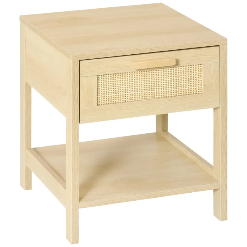 Bedside Table with Rattan Drawer and Storage Shelf - Wood Effect