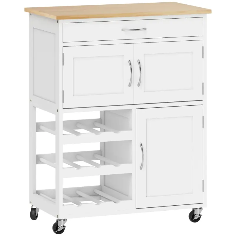 White Kitchen Island Trolley with Wood Countertop and 9-Bottle Wine Rack
