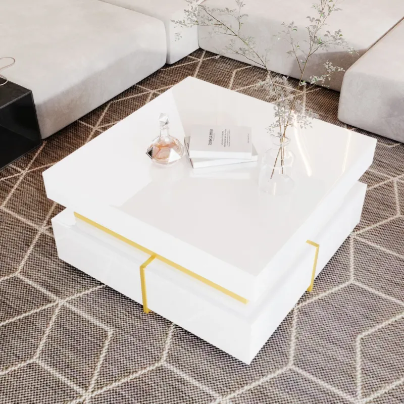 White High-Gloss Square Coffee Table with Gold Accents and Drawers