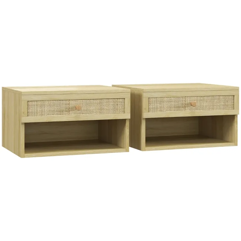 Set of 2 Wood-Effect Floating Bedside Tables with Rattan Panels