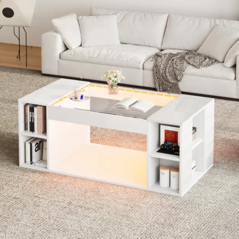 Rectangle Coffee Table, High Gloss and Glass in White, with App-Controlled LED Lights