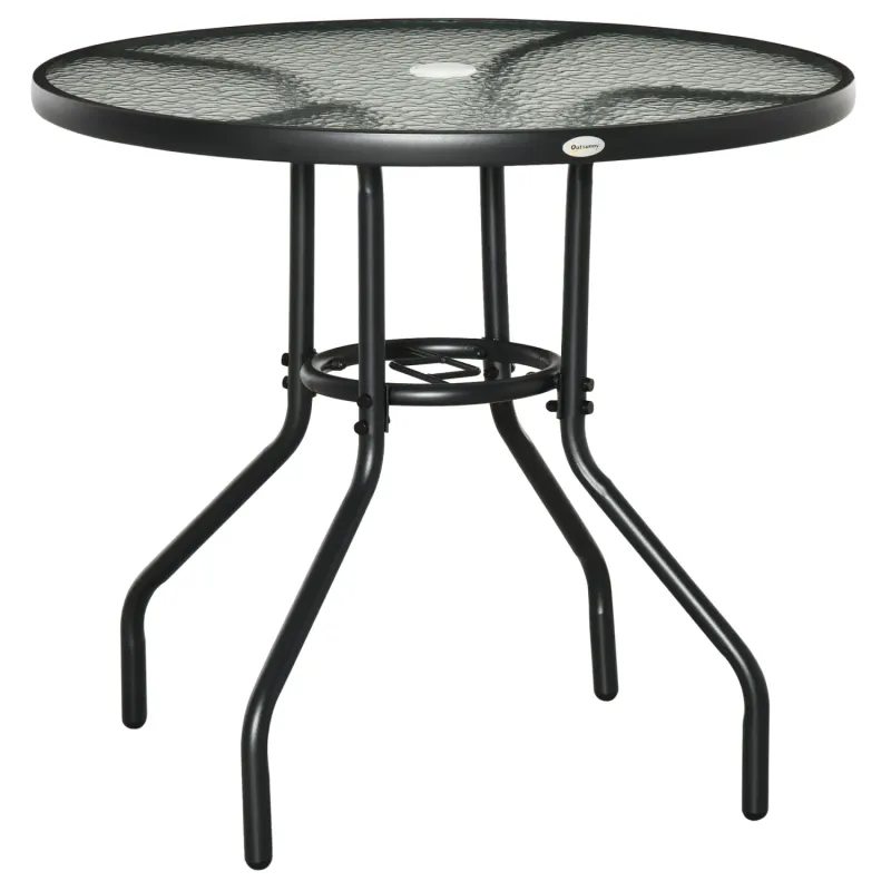 80cm Round Garden Dining Table with Tempered Glass Top and Parasol Hole