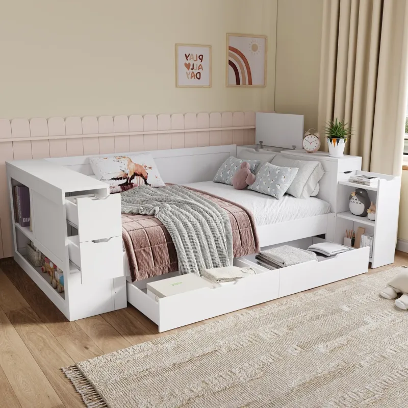 Double Cabin Bed with Integrated Storage and Bedside Table - White