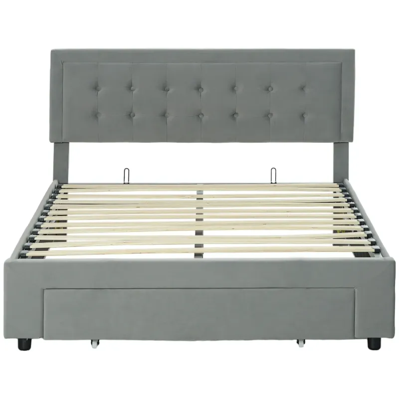 Double Ottoman Bed Frame with Front Storage Drawer in Grey Velvet