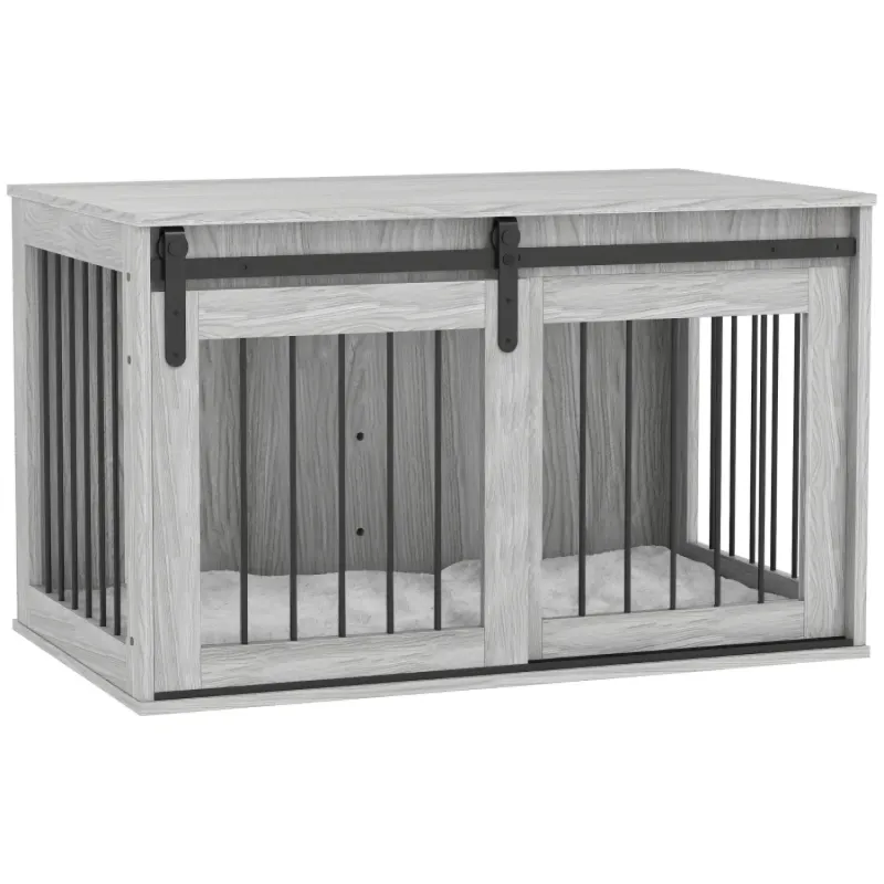 98cm Wooden Dog Crate Furniture Side Table with Washable Cushion - Grey