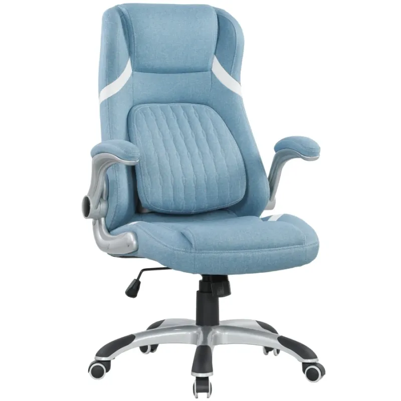 Blue Linen-Look Ergonomic Office Chair with Adjustable Lumbar Support and Flip-Up Arms