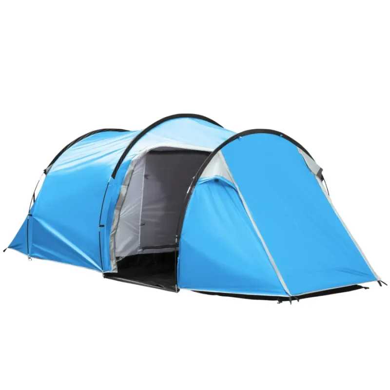 3-Man Tunnel Tent with Porch and 2 Rooms - Light Blue & Grey