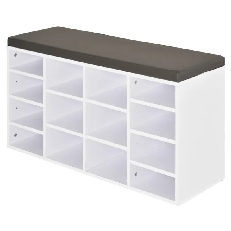 Shoe Storage Bench with 14 Compartments and Padded Cushion - White