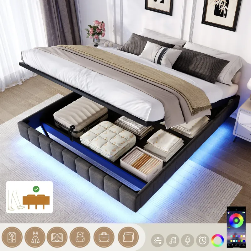 4ft6 Double Floating Ottoman Bed with LED Lights and Hydraulic Storage - Grey Linen