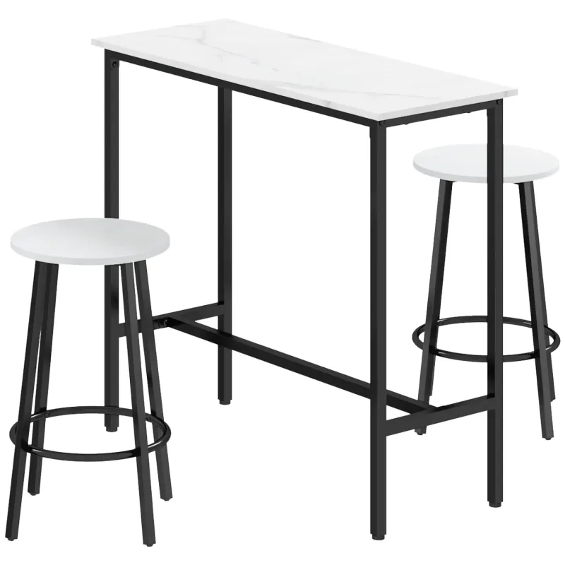 Marble-Effect 3-Piece Bar Table and Stool Set - White/Black