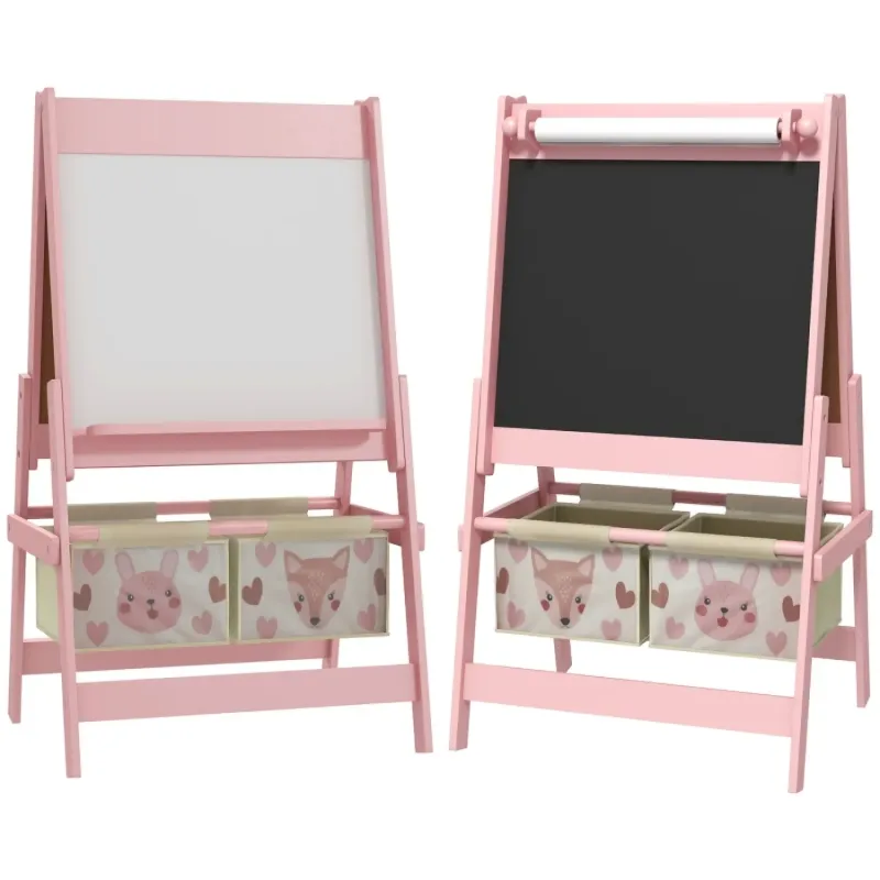 3-in-1 Kids Wooden Double-Sided Art Easel with Storage & Paper Roll - Pink