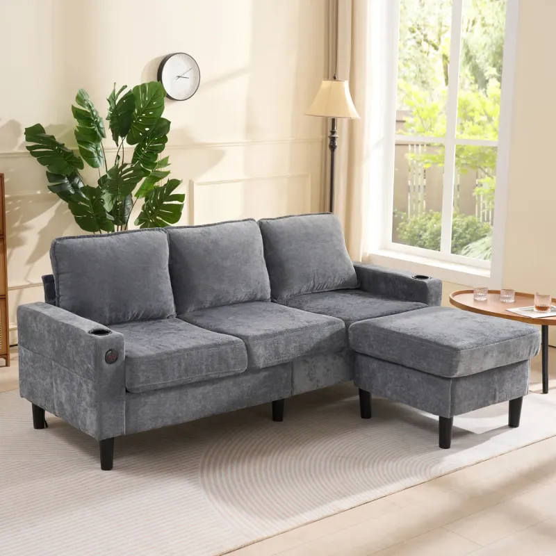 4-Seater L-Shaped Fabric Sofa with Reversible Storage Ottoman - Grey