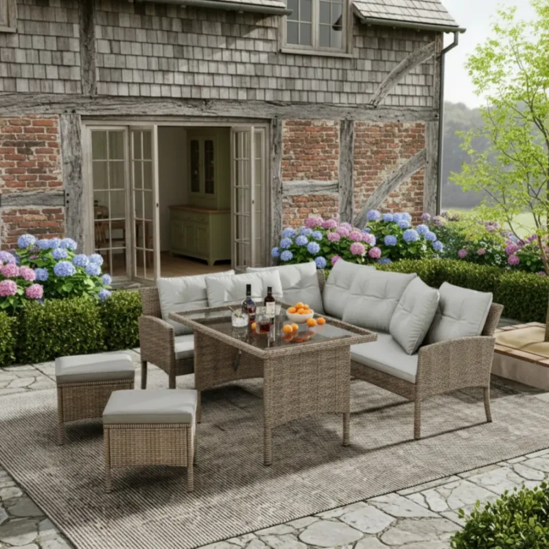 6-7 Seater Rattan Garden Corner Sofa Set with Dining Table - Mixed Khaki