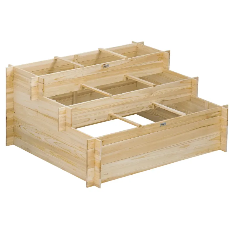 3-Tier Fir Wood Raised Garden Bed with 9 Sections - 117 x 100cm