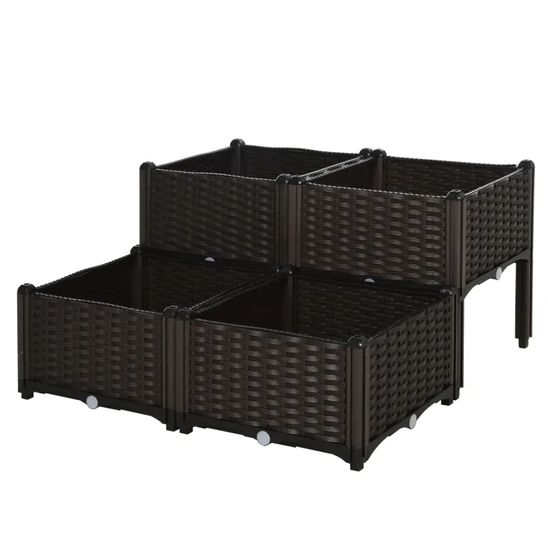 Set of 4 26L Rattan Effect Raised Garden Beds - Brown