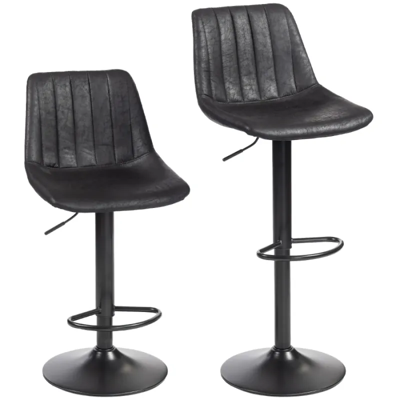  Set of 2 Leathaire Bar Stools with Swivel and Adjustable Height - Black