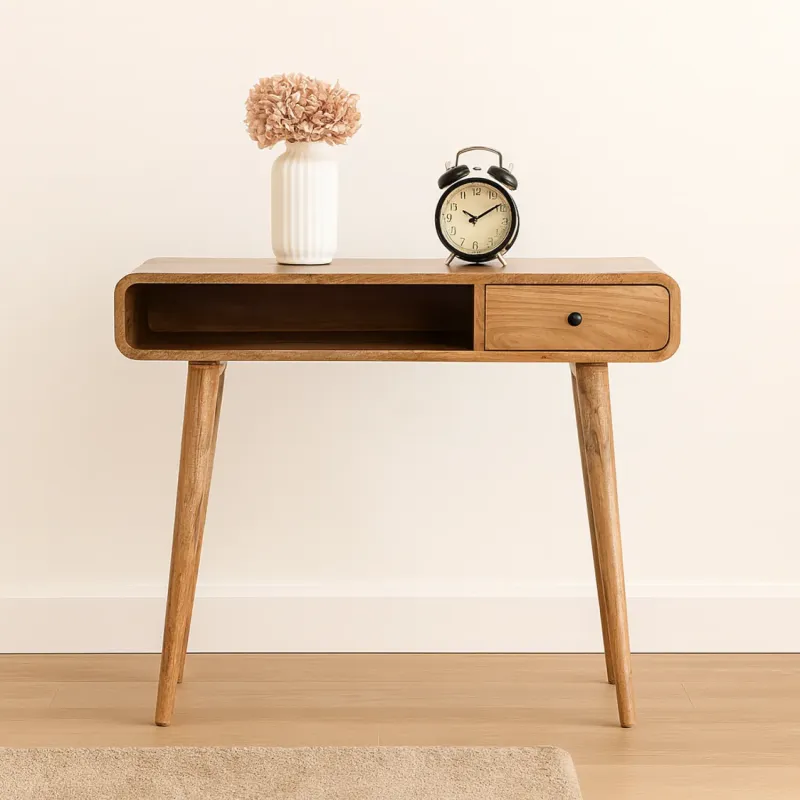 Solid Mango Wood Curved Writing Desk with Drawer - Oak Finish