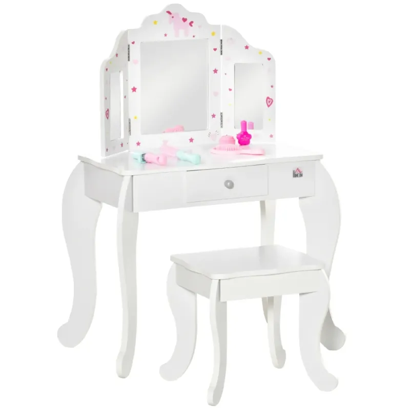 Kids Dressing Table and Stool Set with Tri-Folding Mirror, White