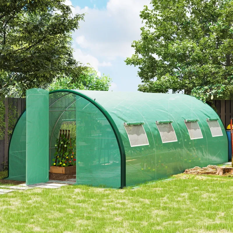  6 x 3m Reinforced Walk-In Polytunnel Greenhouse with Hinged Doors - Green