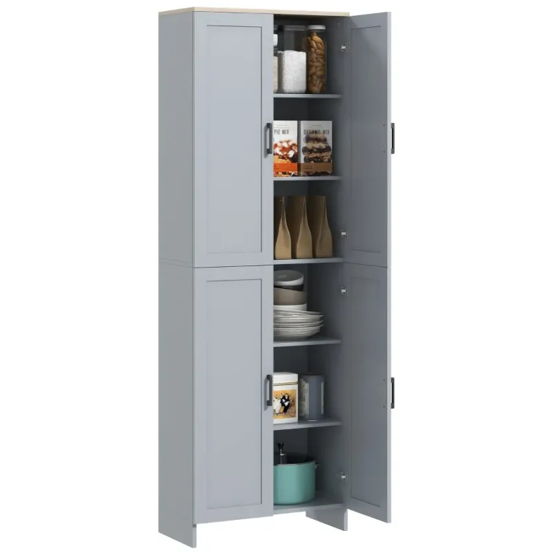 170cm Freestanding Kitchen Pantry Cupboard – 4-Door Storage Cabinet with Adjustable Shelves, Grey