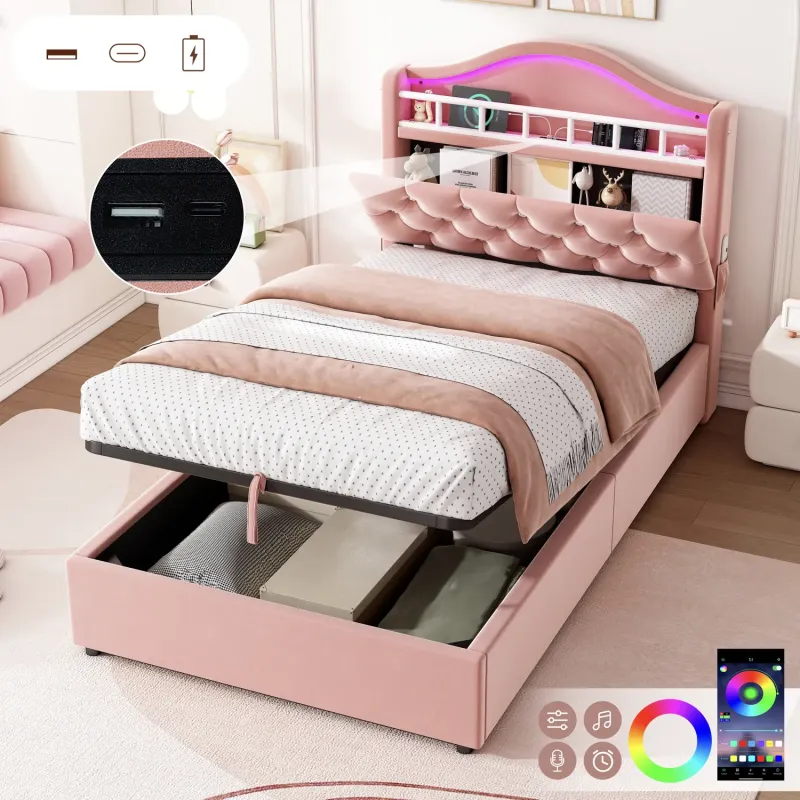 3ft Single Hydraulic Storage Bed with LED Headboard and Charging Station in Pink Velvet