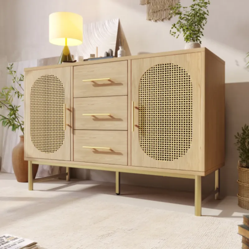 Oak & Rattan 120cm Sideboard with 3 Drawers and 2 Doors