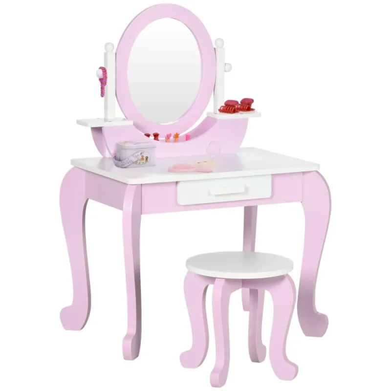 ZONEKIZ Kids Pink Dressing Table and Stool Set with Mirror, Ages 3-6