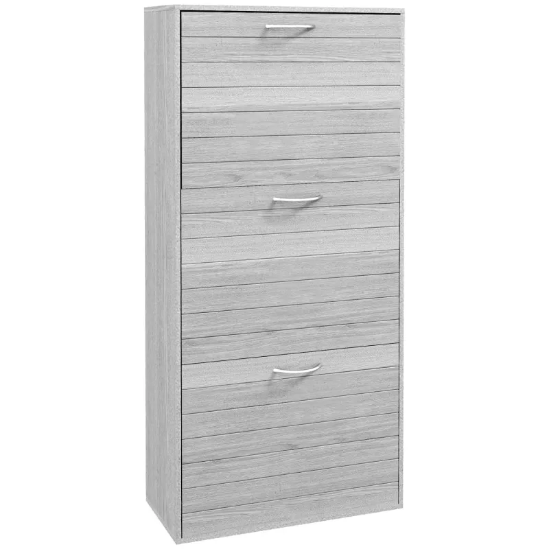 Grey Wood-Effect 12-Shoe Slimline Flip Drawer Storage Cabinet