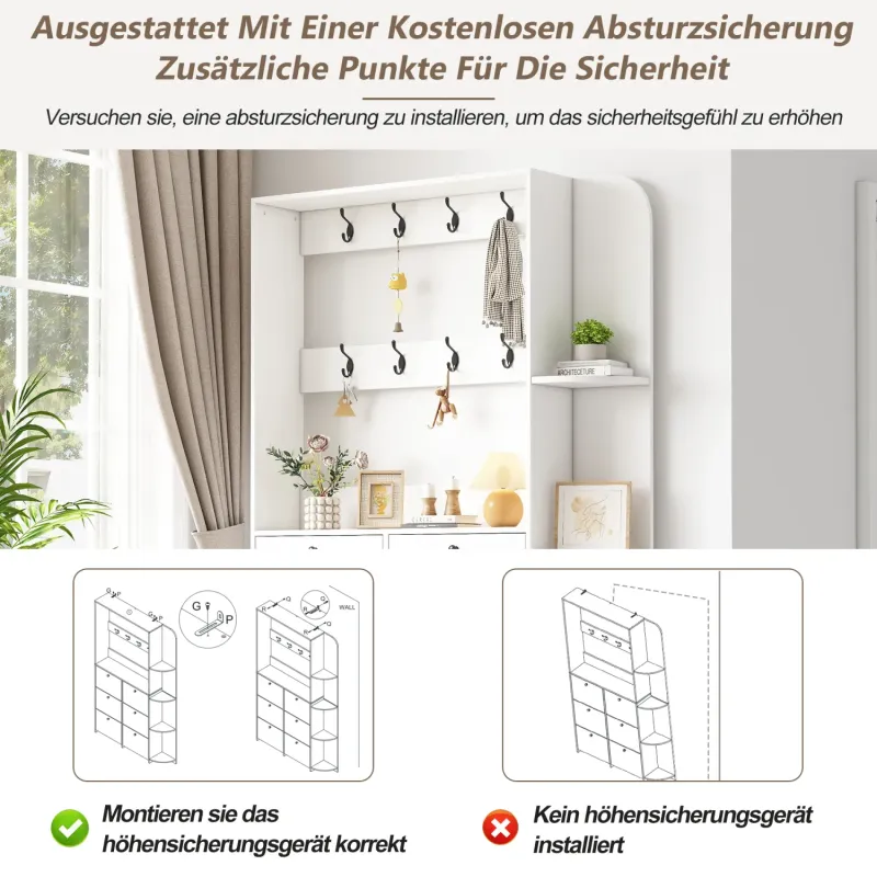 Entryway Hallway Storage Unit with 6 Flip Shoe Drawers & 8 Hooks, White