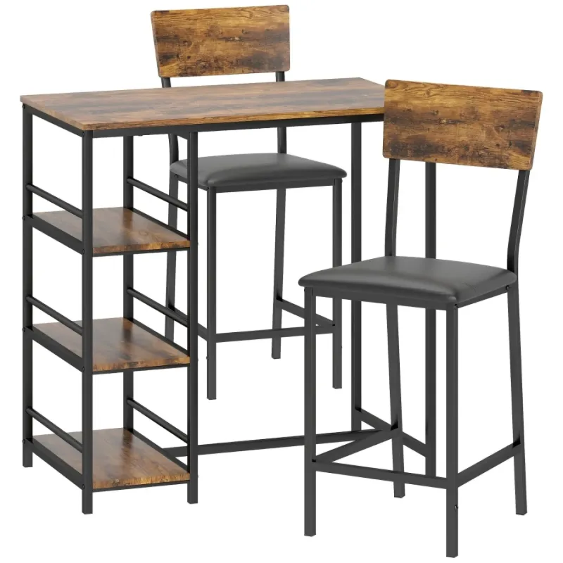  3-Piece Bar Table and Stool Set with Integrated Storage Shelves - Brown and Black