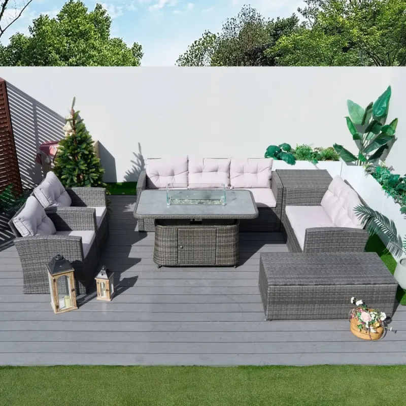 7-Seater Rattan Garden Sofa Set with Adjustable Fire Pit Table and Dual Storage
