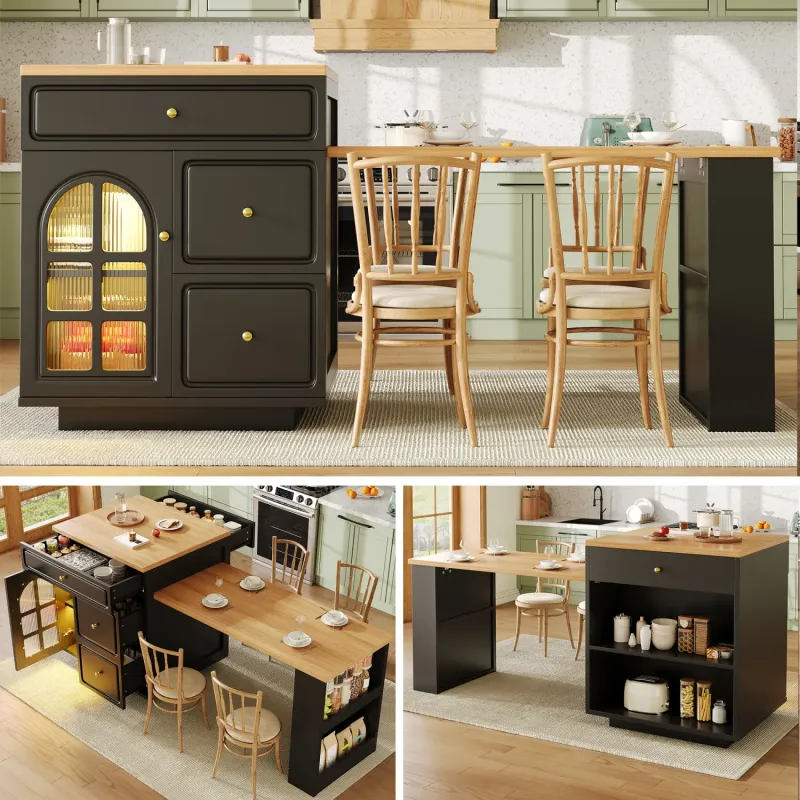Extendable Kitchen Island Bar Table with 4 Drawers and LED Lighting