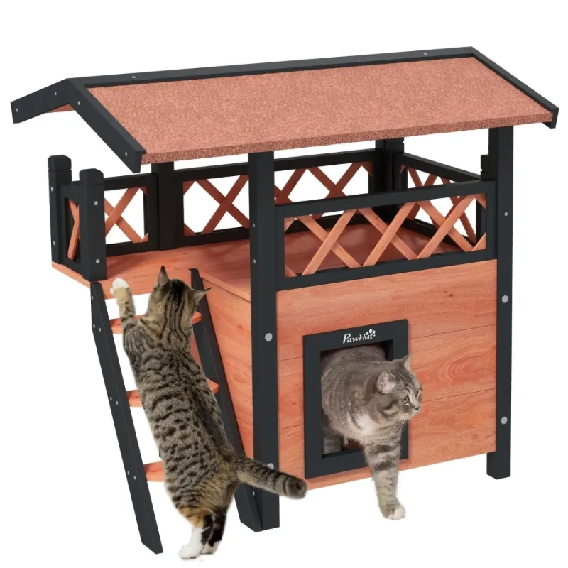 Two-Tier Outdoor Wooden Cat House with Balcony and Stairs - Brown
