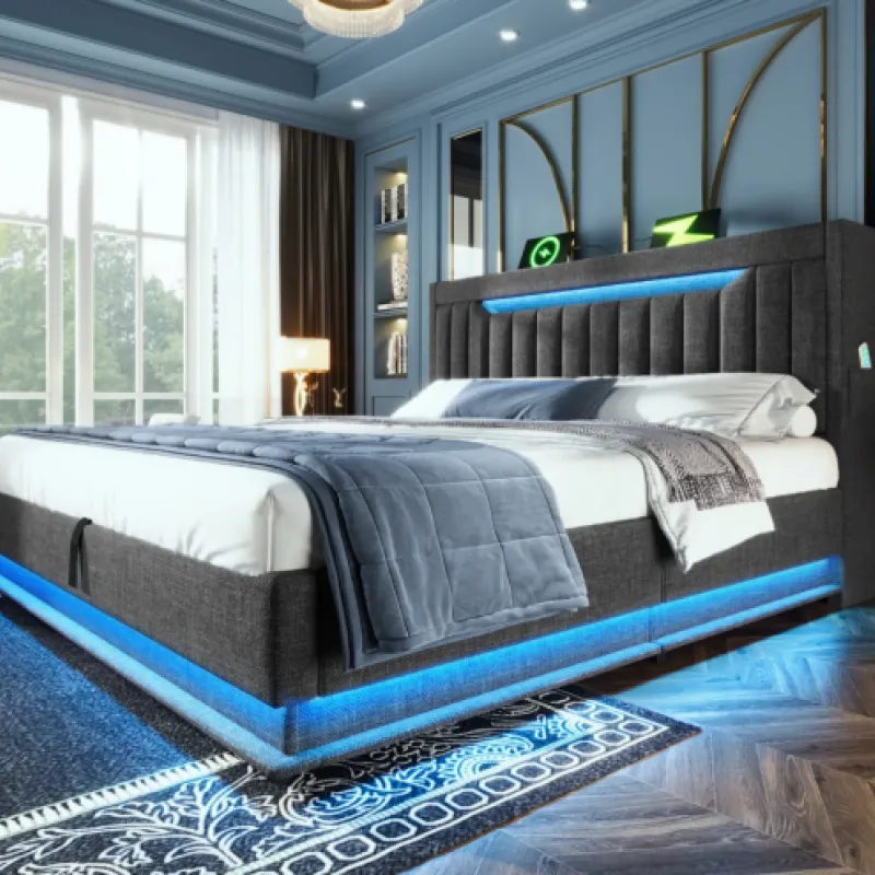 4ft6 Double Grey Linen Ottoman Storage Bed with LED Headboard & USB Charging