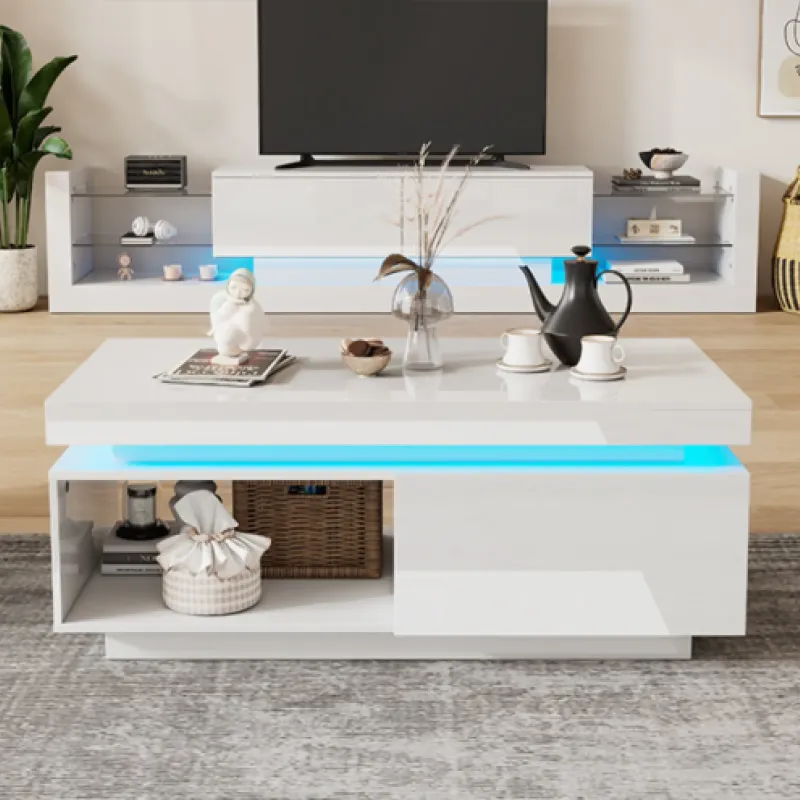 White High Gloss Coffee Table with RGB LED Lighting and Storage Drawer
