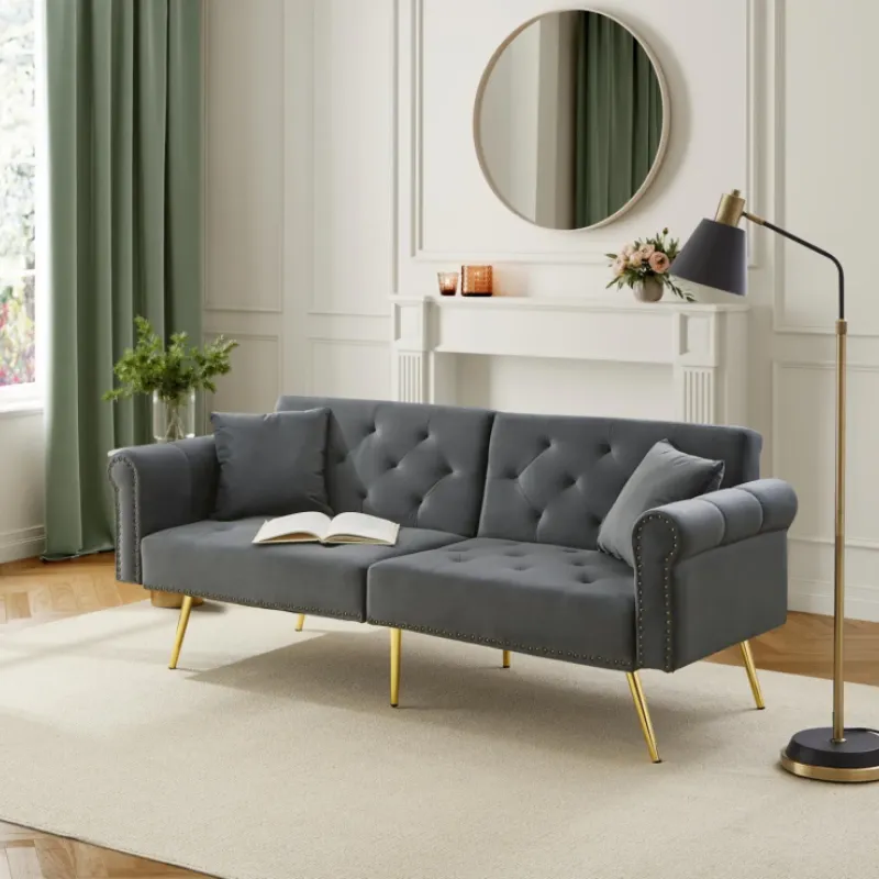 Modern 2-Seater Velvet Sofa Bed with Adjustable Backrest and Gold Legs