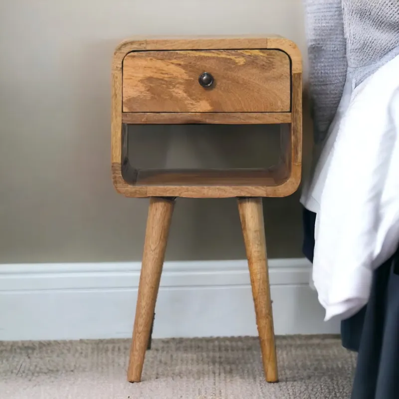 Oak-ish Curved Solid Mango Wood Mini Bedside Table with 1 Drawer and Open Slot