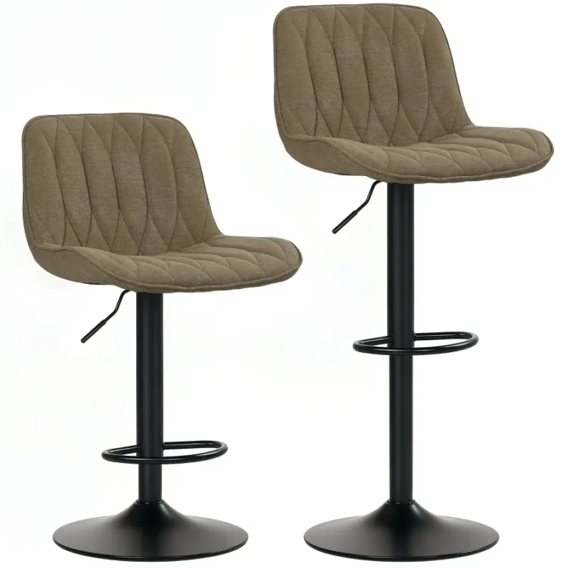 Set of 2 Brown Linen-Look Bar Stools with Adjustable Height and Swivel