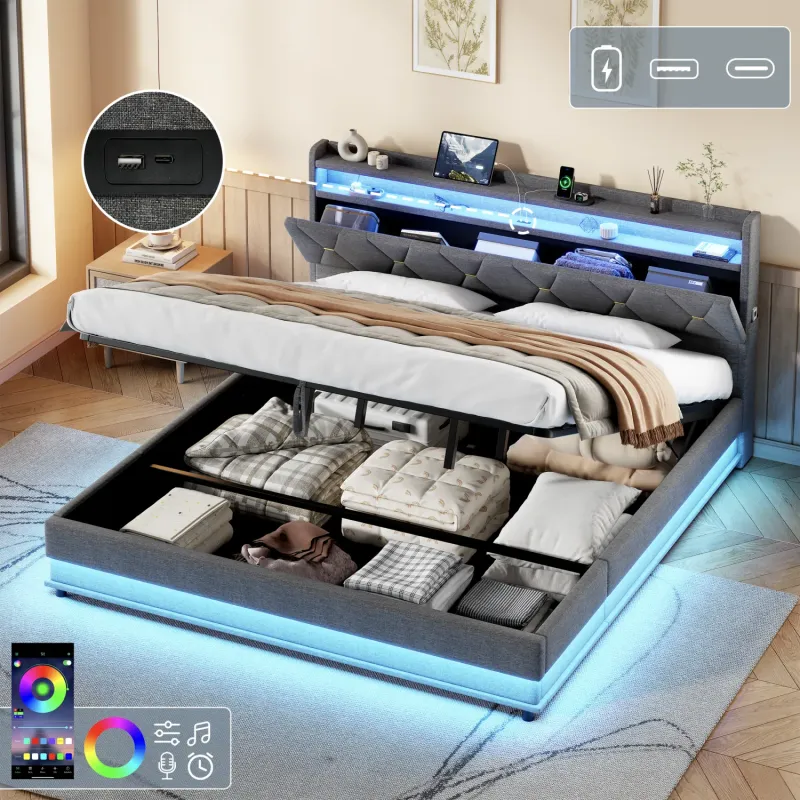 Super King Upholstered Storage Bed with LED Headboard and Charging Station, Grey Linen