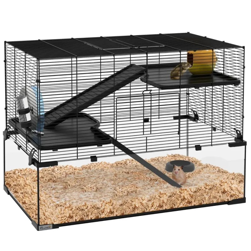 3-Tier Hamster and Gerbil Cage with Deep Glass Base and Accessories, 78.5cm