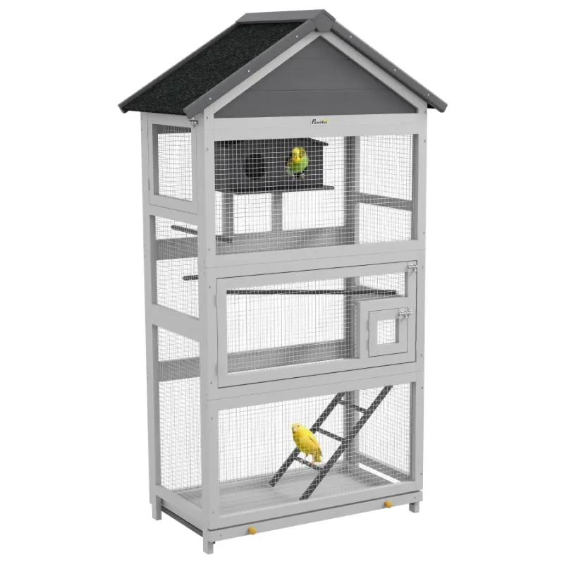 Wooden Outdoor Bird Cage with Stand and Asphalt Roof - Grey