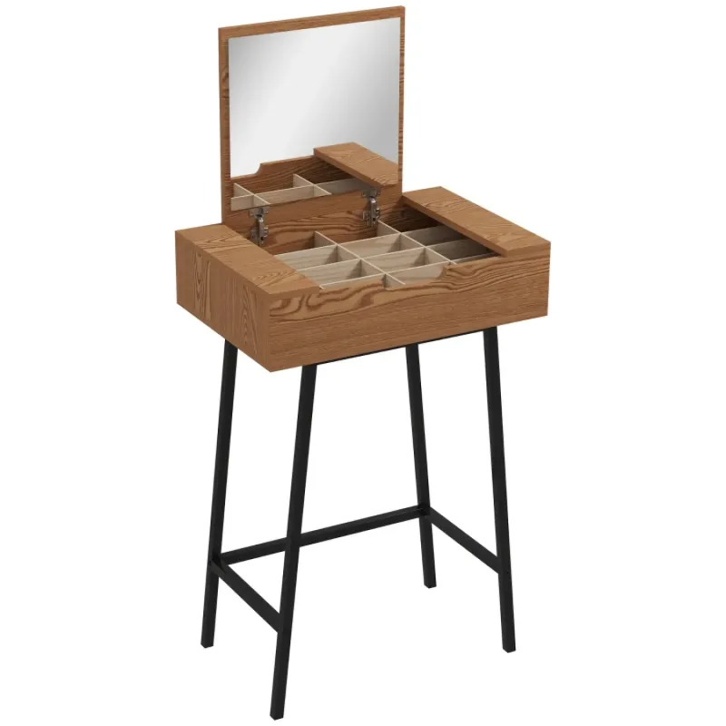 Industrial Vanity Desk with Flip-Up Mirror and 16 Storage Compartments - Natural Wood Effect