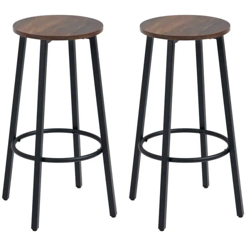 Bar Stools, Set of 2, 65cm Steel and Wood-Effect in Rustic Brown with Round Footrest