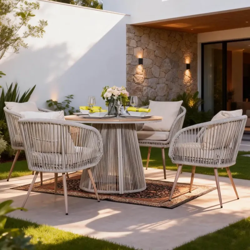 4-Seater Rattan Outdoor Dining Set with 100cm Round Wood-Effect Table