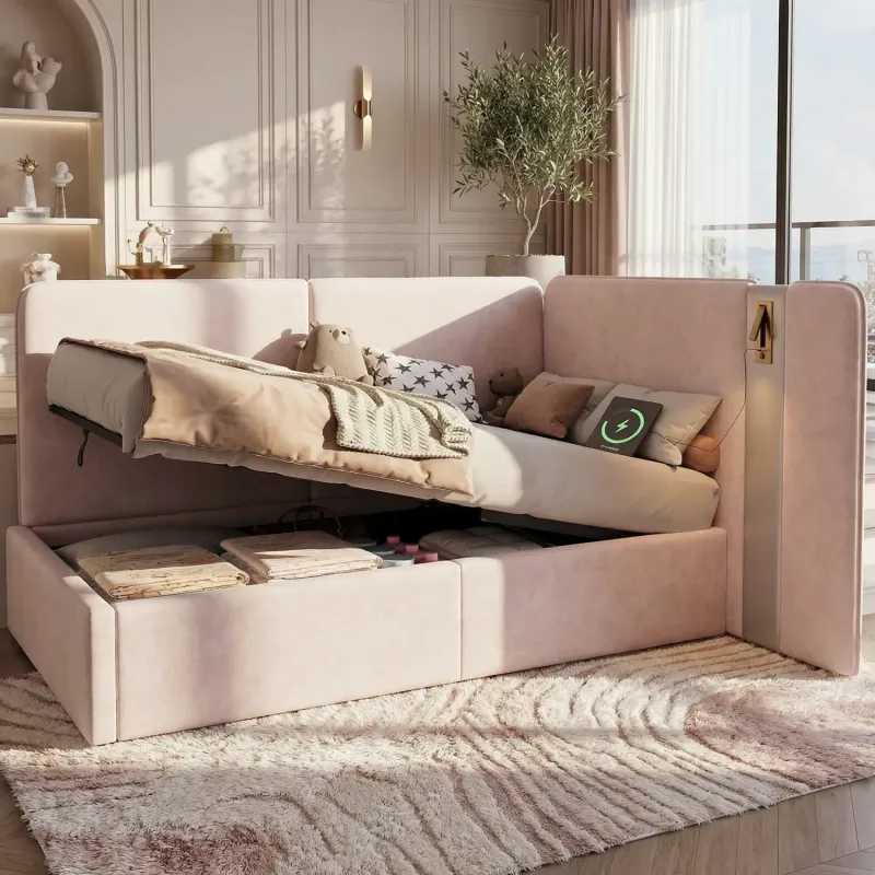 Velvet Daybed, Single, in Pink, with Hydraulic Storage and Reading Lamp