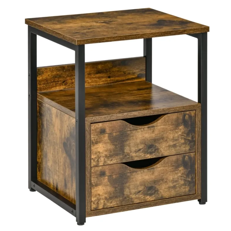Industrial 2 Drawer Bedside Table with Storage Shelf - Rustic Brown
