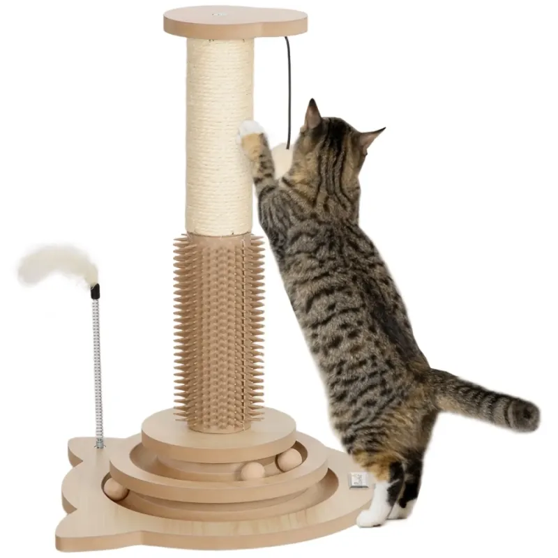 5-in-1 Cat Scratching Post with Grooming Brush & Track Ball - Oak Tone