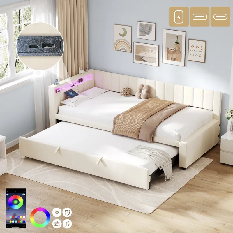 Velvet Daybed with Trundle, 3ft Single, in Beige, with LED Lights and Charging Station