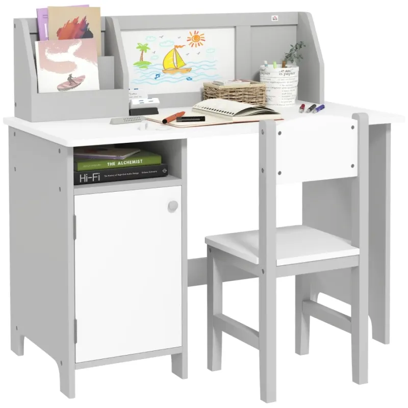 Kids Table and Chair Set with Whiteboard and Storage - Grey